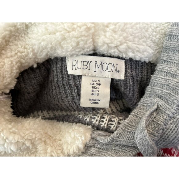 Cozy Ruby Moon Gray Red Heart Print Fair Isle Hoodie Sweater Sz S Sherpa Lining - Picture 4 of 5